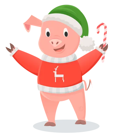 Smiling pig in red jersey holding candy stick  Illustration