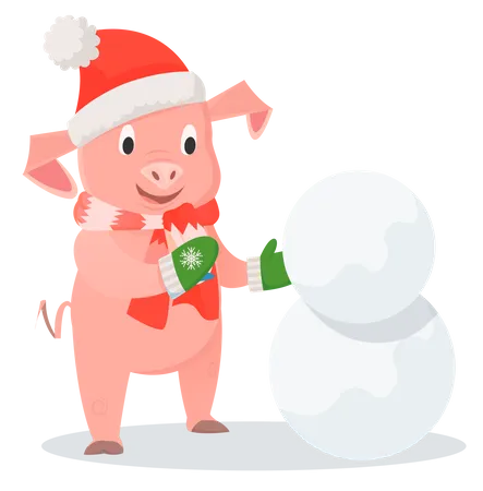 Smiling pig making a snowman  Illustration