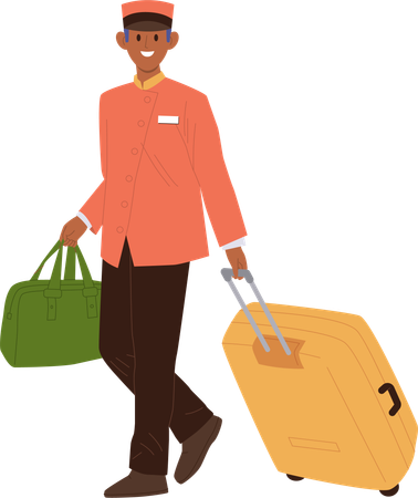 Smiling porter hotel worker walking with visitors luggage providing service  Illustration
