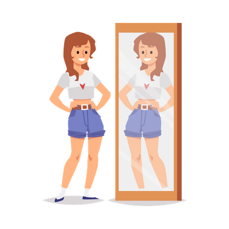 Smiling positive girl looks at her reflection  Illustration