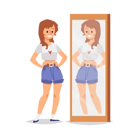 Smiling positive girl looks at her reflection  Illustration