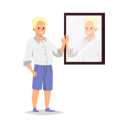 Smiling positive young man looks at reflection in mirror Illustration