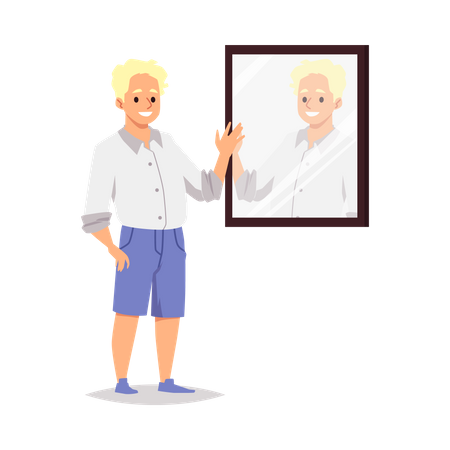 Smiling positive young man looks at reflection in mirror  Illustration