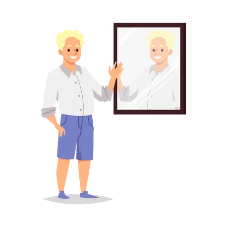 Smiling positive young man looks at reflection in mirror  Illustration