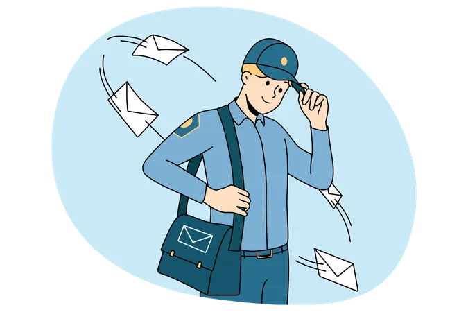 Smiling postman in uniform with bag full of post to deliver  Illustration