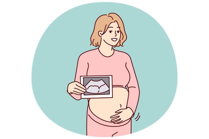 Smiling pregnant woman with baby scan  Illustration