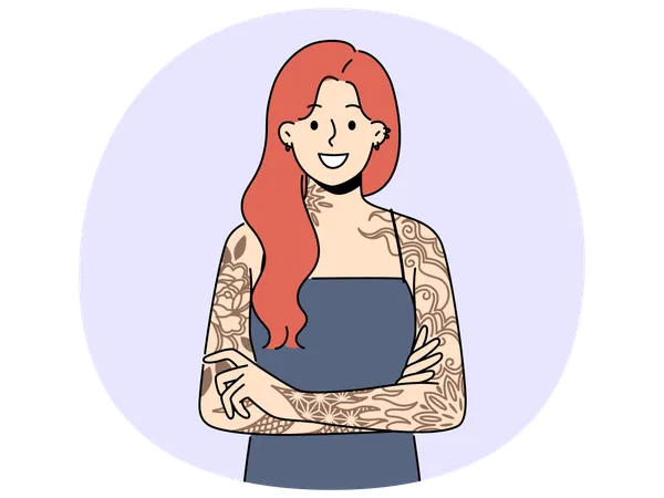 Smiling redhead woman with tattoos on arms  Illustration