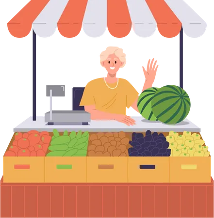 Friendly Smiling Salesman Cartoon Character Offering Fresh Organic Natural Farm Product Eco Food At Street Market Vector Illustration Isolated On White Background Seasonal Sale Local Shop Store Illustration