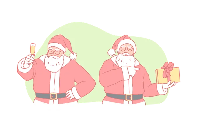 Christmas New Year Holiday Santa Claus Concept Elderly Happy Smiling Santa Makes A Toast On Xmas Eve Preparation Congratulation Holding Old Year Meeting New One Gift Surprise Flat Vector Illustration