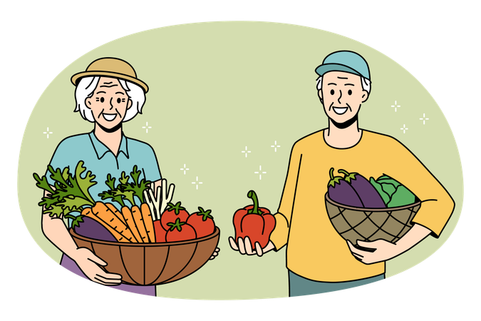 Smiling senior couple standing holding fresh produce from garden in hands in baskets  Illustration