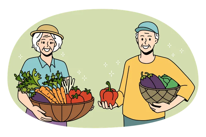 Smiling senior couple standing holding fresh produce from garden in hands in baskets  Illustration