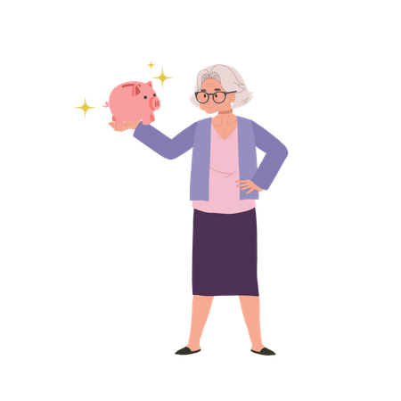 Smiling Senior Lady with Piggy Bank  Illustration