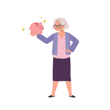 Retirement Savings Concept Happy Elderly Woman Holding Piggy Bank Smiling Senior Lady With Piggy Bank Illustration