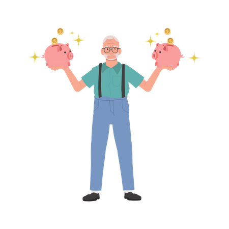 Smiling Senior man with Piggy Bank in both hands  イラスト