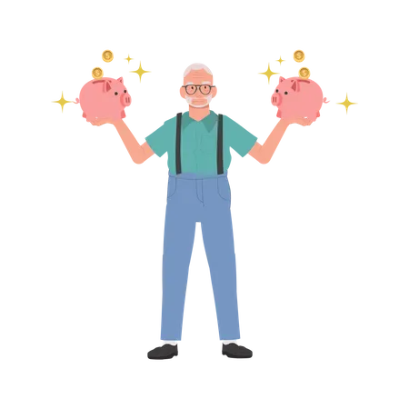 Smiling Senior man with Piggy Bank in both hands  イラスト