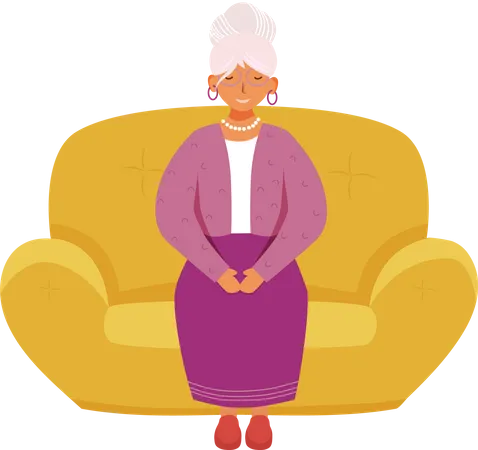 Smiling Senior Woman Flat Vector Illustration Full Body Cheerful Grandmother Waiting On Couch Happy Caucasian Old Lady Sitting On Sofa Isolated Cartoon Character On Violet Background Illustration