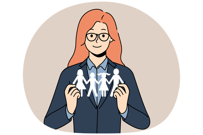 Smiling social worker hold family model in hands  Illustration