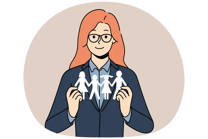 Smiling social worker hold family model in hands  Illustration