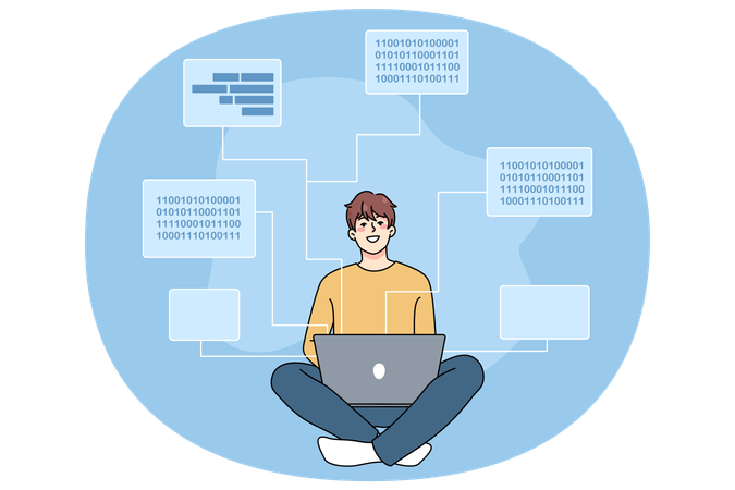 笑顔のソフトウェア エンジニアがコンピューターでコードを書いている  イラスト