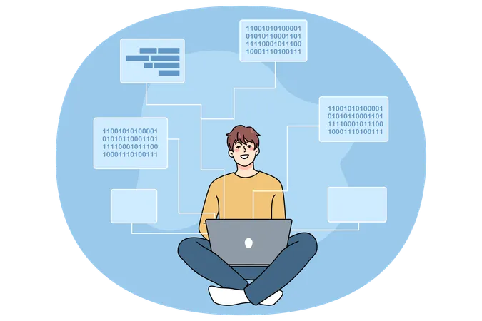 笑顔のソフトウェア エンジニアがコンピューターでコードを書いている  イラスト
