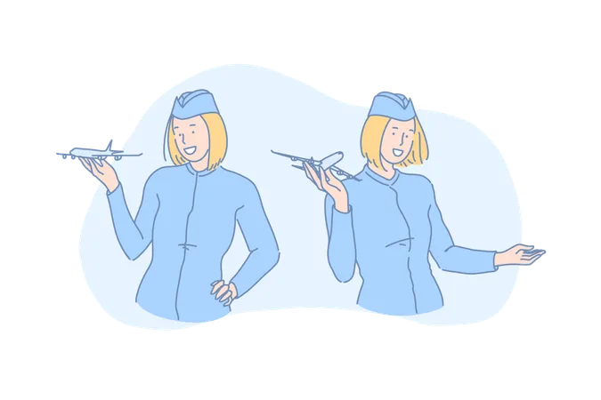 Commercial Airlines Travel Agency Airway Transportation Concept Smiling Stewardess In Uniform Professional Air Hostess Flight Attendant Holding Small Airplane Model Simple Flat Vector Illustration