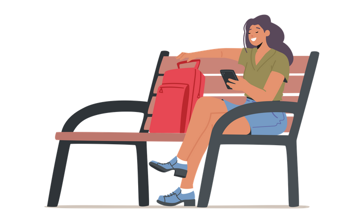 Smiling Student Female Holding Cellphone On Bench Illustration