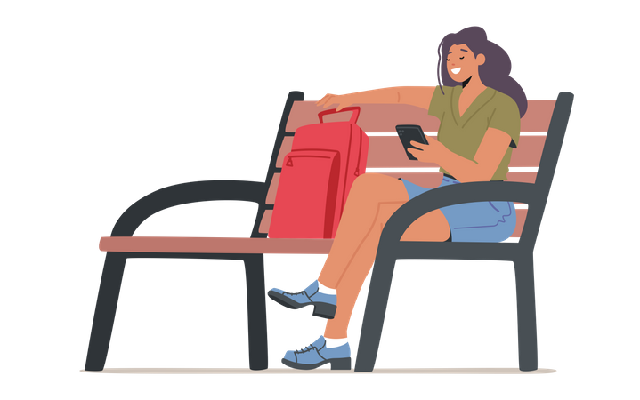 Smiling Student Female Holding Cellphone On Bench  Illustration