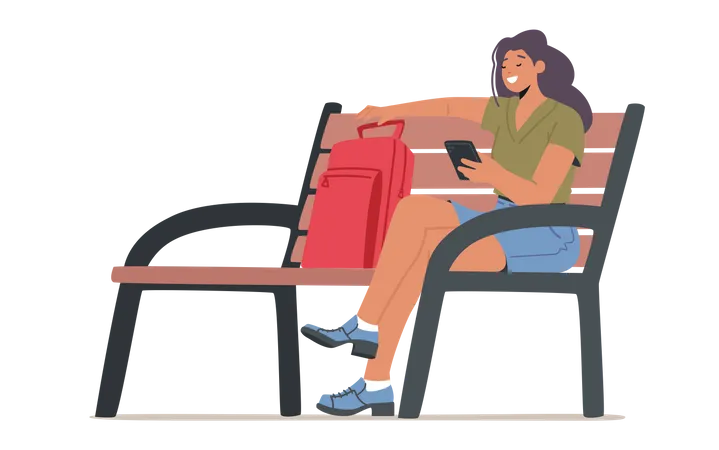 Smiling Student Female Holding Cellphone On Bench  Illustration