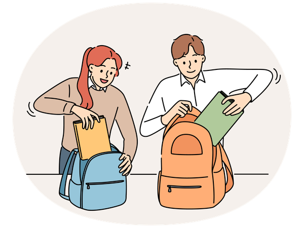 Smiling students pack backpacks in school  Illustration