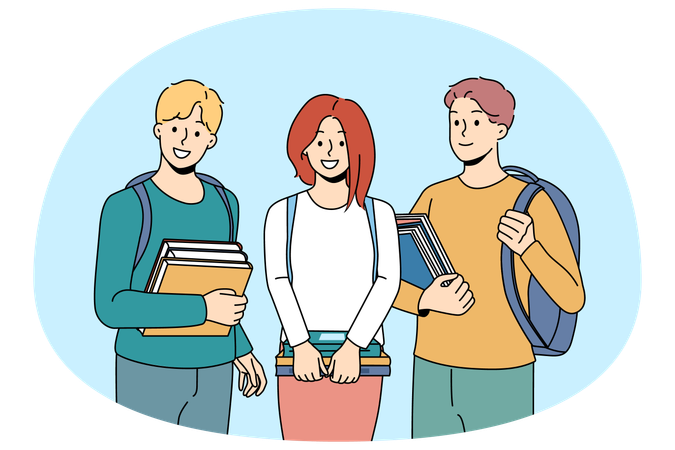 Smiling students with book and backpacks satisfied with education course  Illustration