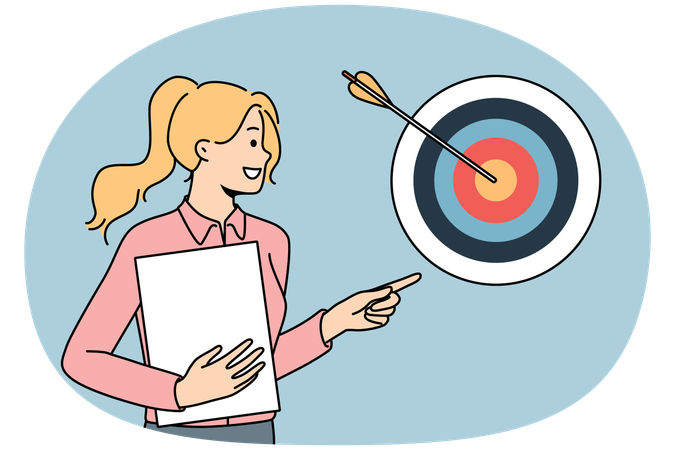 Smiling successful businesswoman posing near arrow reaching hitting target  Illustration