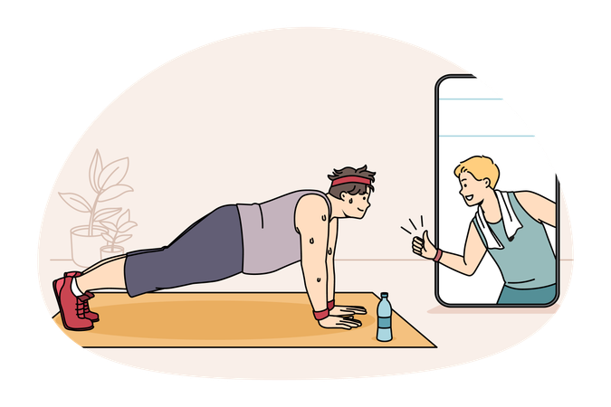 Smiling sweating fatty man doing sports fitness workout online looking at coach on smartphone screen at home  Illustration