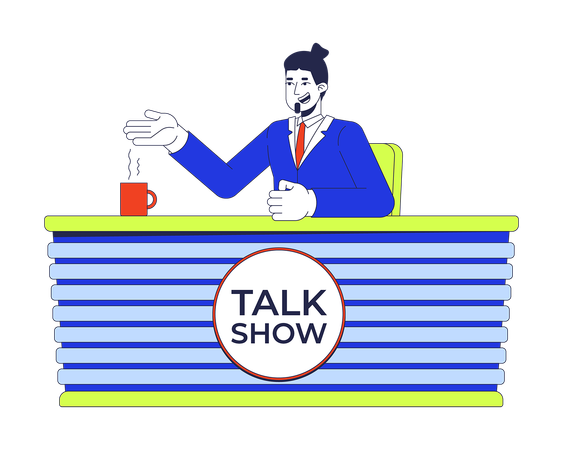 Smiling talk show host sitting at table  Illustration