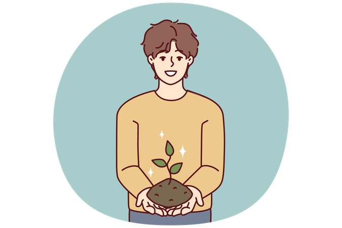 Smiling teenage boy holding earth with growing tree demonstrating love for ecology  Illustration