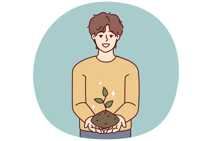 Smiling teenage boy holding earth with growing tree demonstrating love for ecology  Illustration