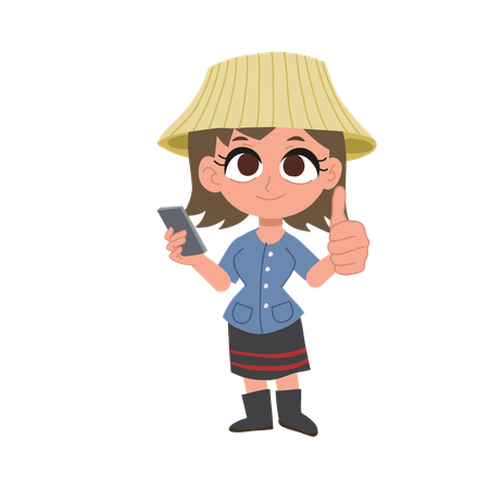 Smiling thai female farmer holding smartphone and showing thumbs up  Illustration