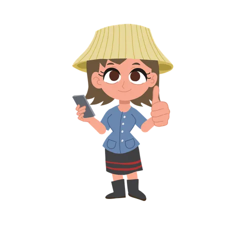 Smiling thai female farmer holding smartphone and showing thumbs up  Illustration