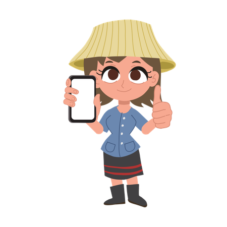 Smiling thai female farmer holding smartphone  Illustration