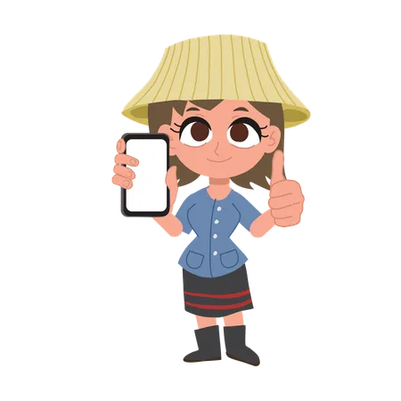 Smiling thai female farmer holding smartphone  Illustration