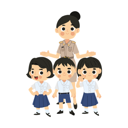 Smiling Thai Teacher with Diverse Students in Classroom  Illustration