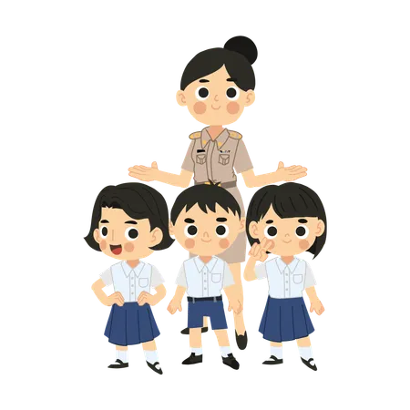 Smiling Thai Teacher With Diverse Students In Classroom Illustration