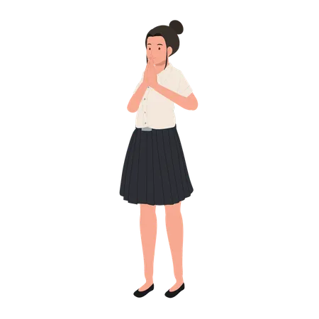 Smiling Thai University Student in uniform Wai Greeting  Illustration