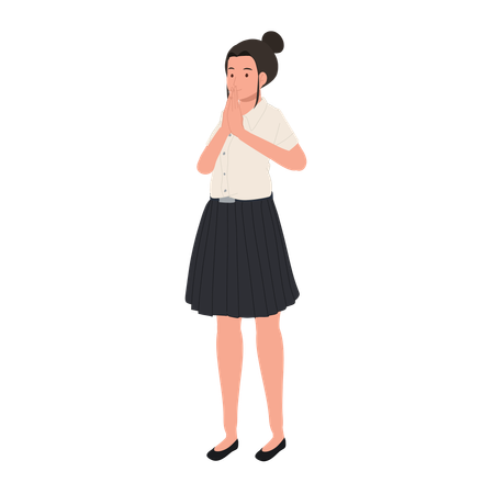 Smiling Thai University Student in uniform Wai Greeting  Illustration