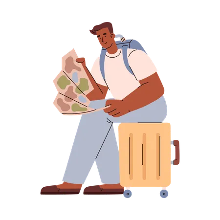 Smiling Tourist Man Sitting On Suitcase And Watching On Map Flat Style Vector Illustration Isolated Vacation And Journey Holiday And Adventure Planning Design Element Illustration