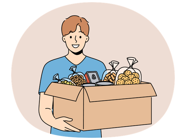 Smiling volunteer with box of food donate at crisis center  Illustration