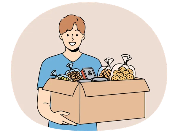 Smiling volunteer with box of food donate at crisis center  Illustration