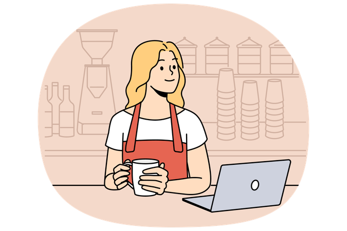 Smiling waitress drink coffee at counter  Illustration