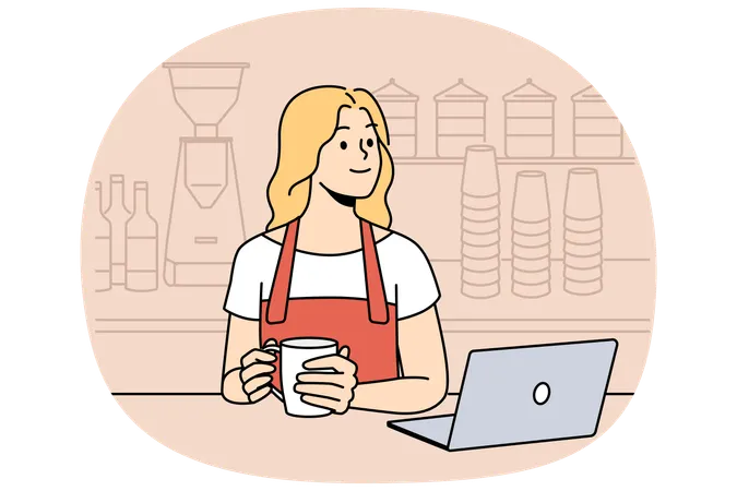 Smiling waitress drink coffee at counter  Illustration