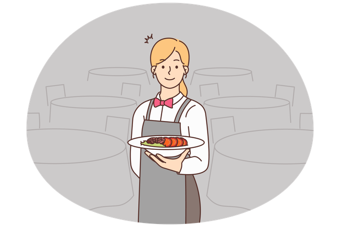 レストランで制服を着た笑顔のウェイトレスが食事を出している。  イラスト
