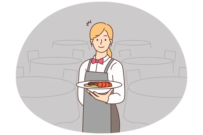 レストランで制服を着た笑顔のウェイトレスが食事を出している。  イラスト